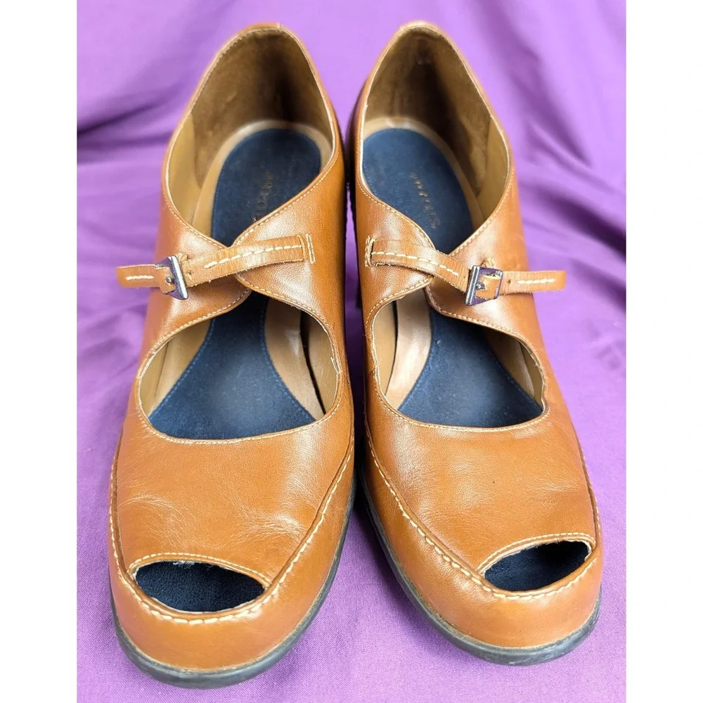 Vintage Aerosoles Leather Peep Toe Pump Heels Mustard Brown Buckle Brazilian 8.5